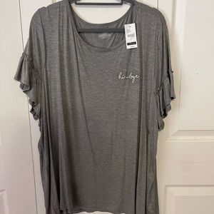 Lane Bryant 26/28 short sleeve grey frilly sleeve tee, hi…bye detail stitch, new
